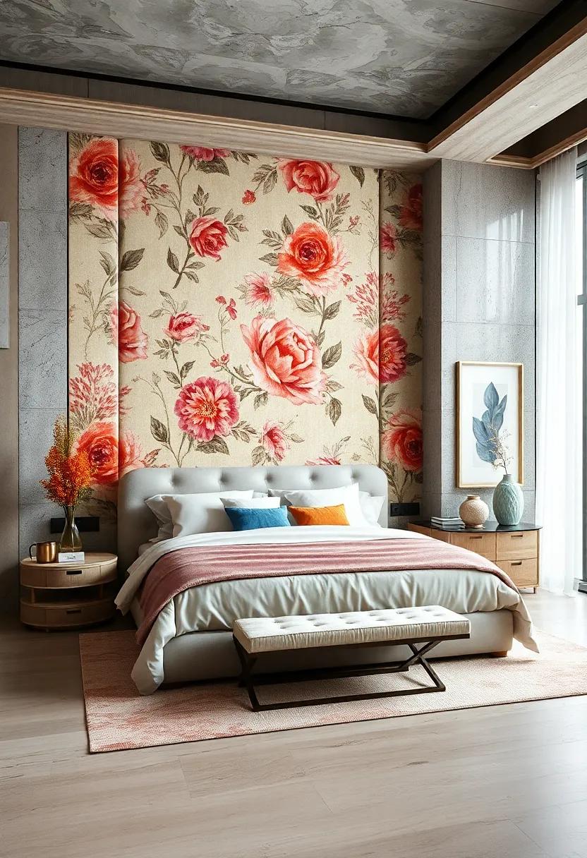 Statement Wall: an ⁣oversized⁤ floral print upholstery serves as a bold statement in this bedroom, becoming a captivating focal point ​that draws the‌ eye