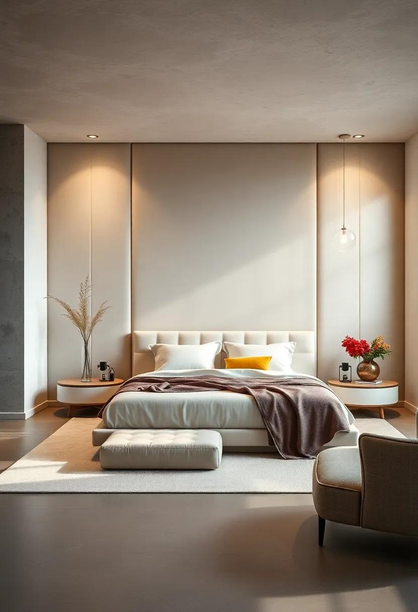 A Symphony of serenity: This master ⁤bedroom⁣ boasts ‌plush velvet upholstered walls in a calming cream tone, creating an inviting atmosphere perfect for relaxation