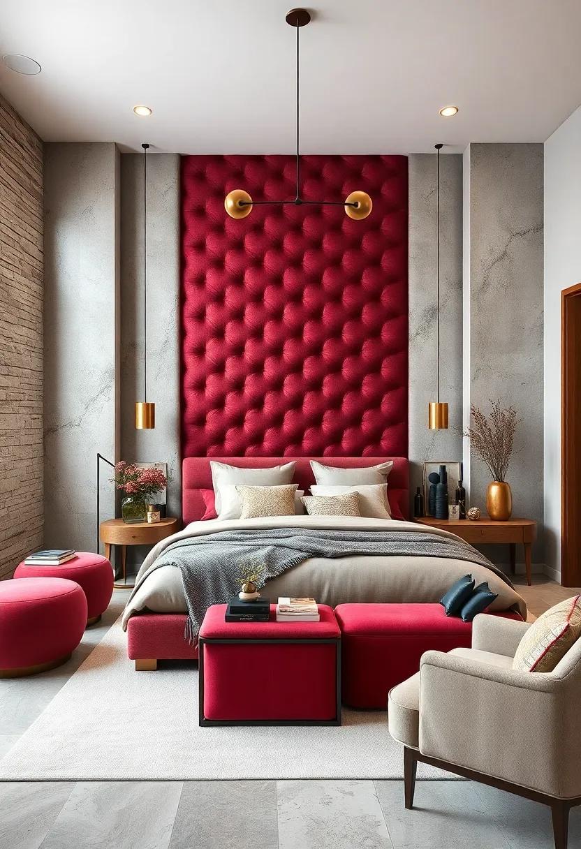Textural Delight:‌ The feature wall in this bedroom showcases a quilted design in rich burgundy, adding depth and warmth⁢ to the luxurious aesthetic
