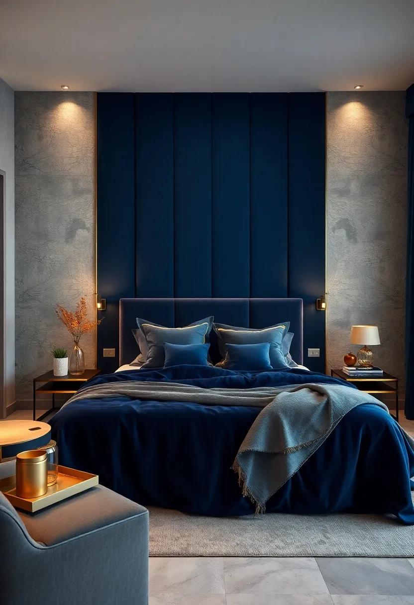 Timeless Elegance: Featuring deep navy blue‌ fabric,‌ this⁢ high-end ⁣bedroom combines‌ rich⁤ textures with gold⁤ accents, exuding a sense of opulence and sophistication