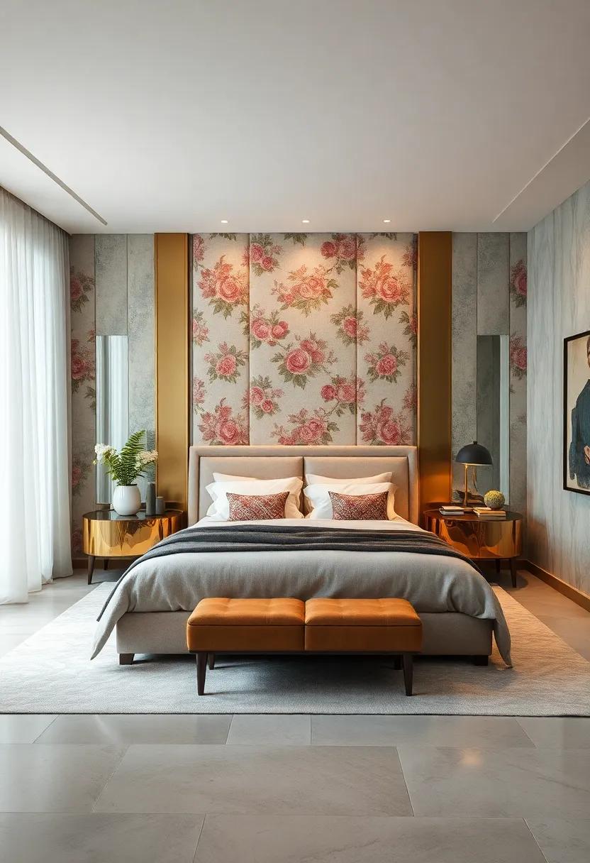 Vintage Charm Reimagined: This bedroom ‍boasts intricate floral-patterned ​upholstery on the​ walls, bringing a touch of vintage elegance ⁤with a modern twist