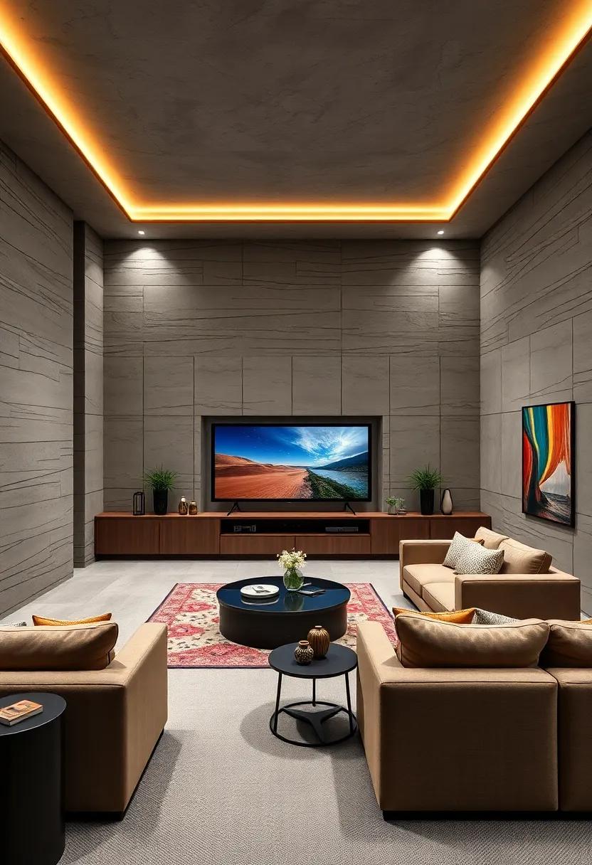 A sleek, contemporary home theater with floor-to-ceiling custom cabinetry, perfectly housing state-of-the-art audiovisual equipment while blending seamlessly into the room's minimalist design