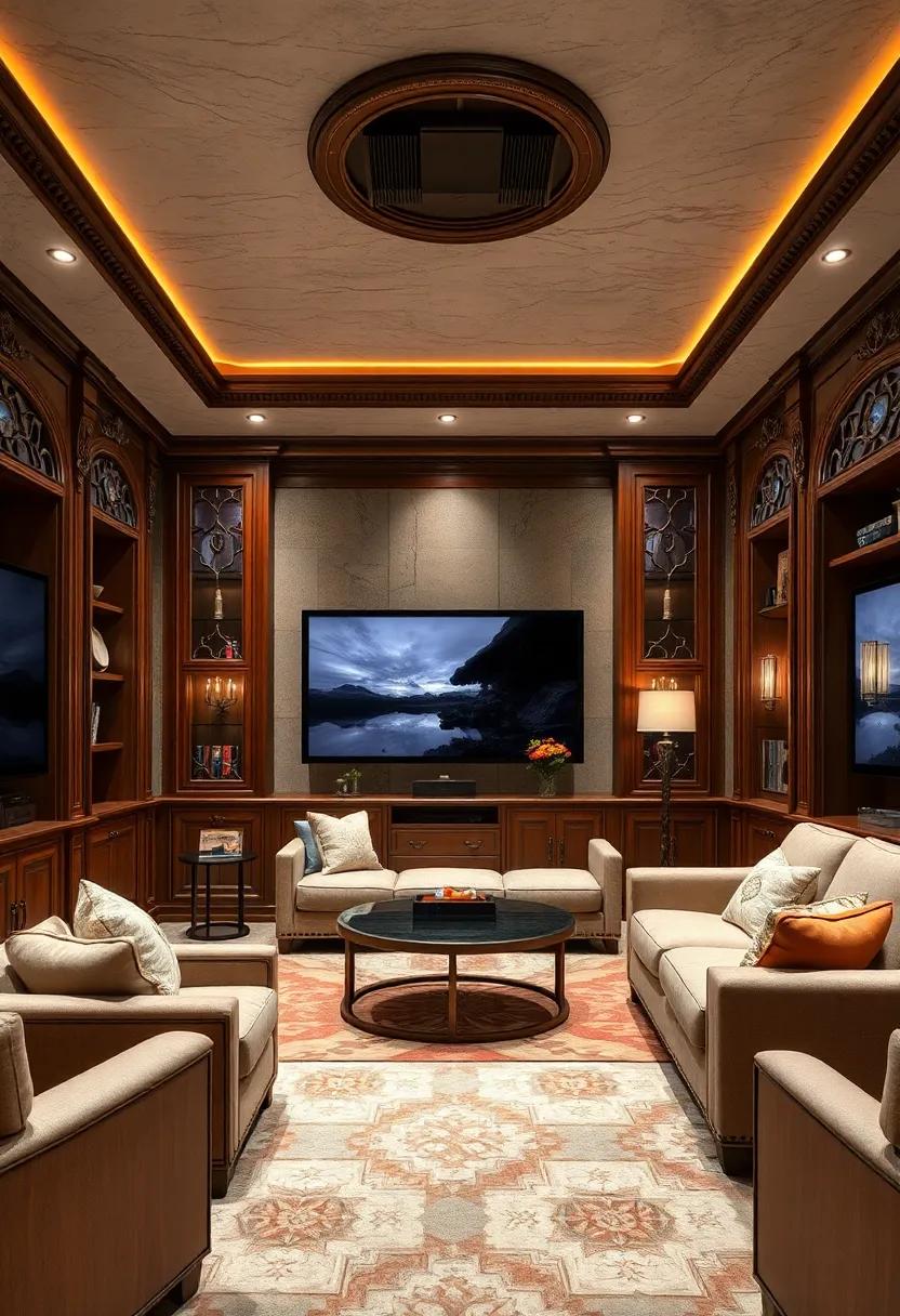 An opulent, classic-style home theater featuring rich wooden cabinetry, adorned with intricate carvings, providing a vintage charm while offering ample storage for DVDs and gaming consoles