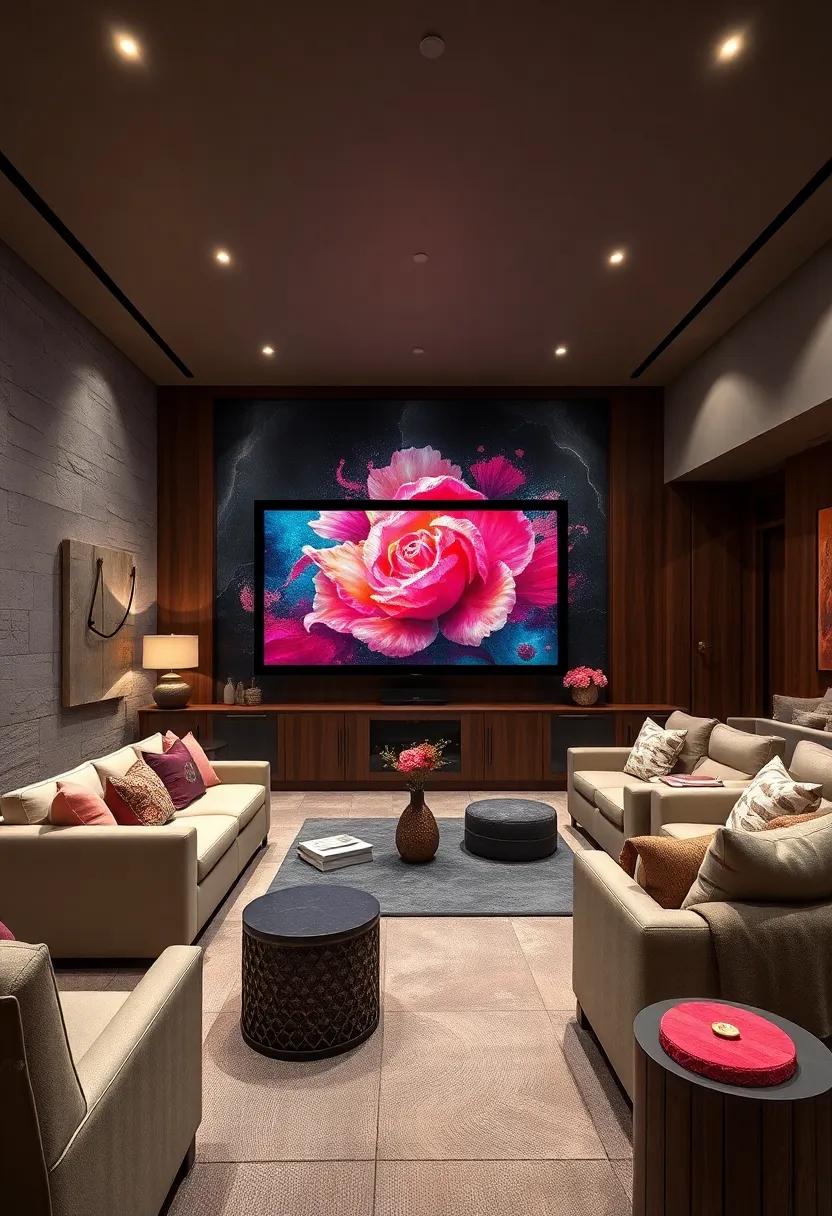An artistic home theater that utilizes custom cabinetry painted by a local artist,transforming the room into a canvas by blending fine art with entertainment for an unforgettable experience