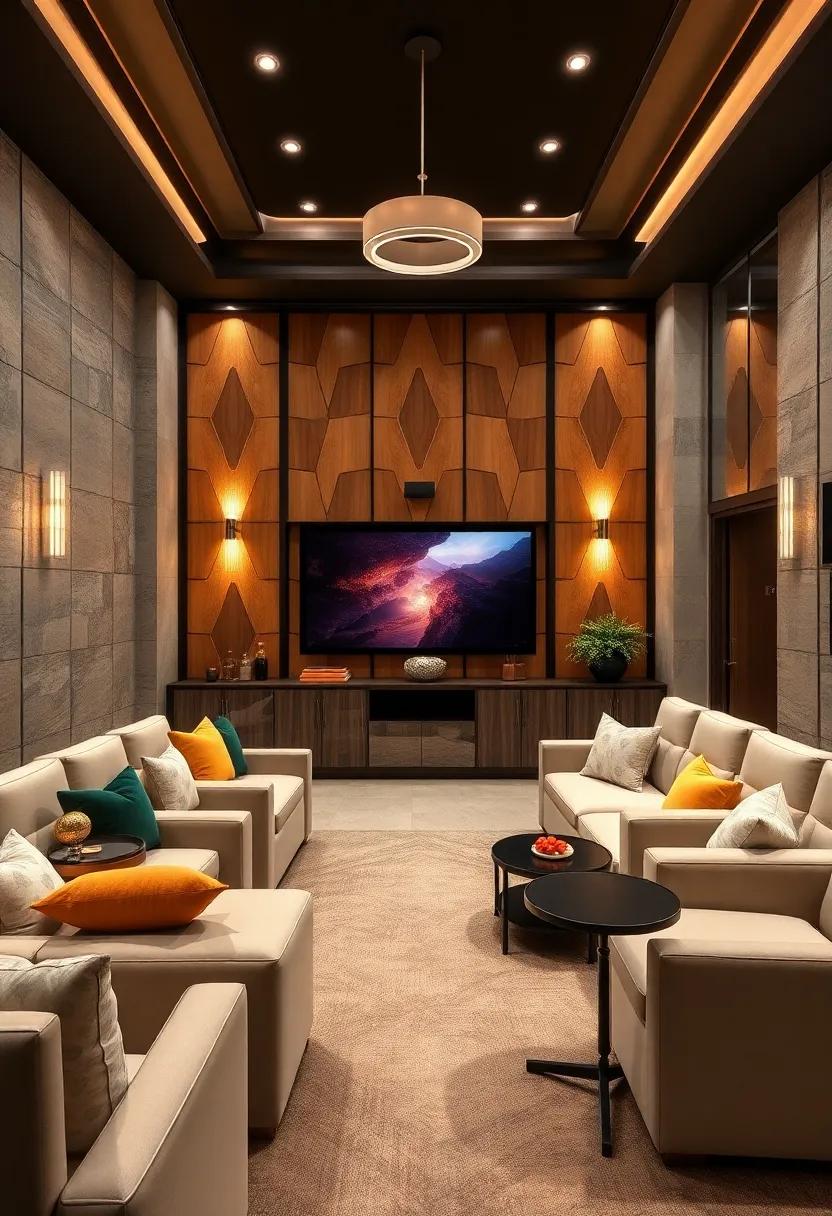 A family-friendly home theater designed with vibrant cabinetry and playful accents, making it a fun and engaging space for kids and adults alike, with storage for games and toys