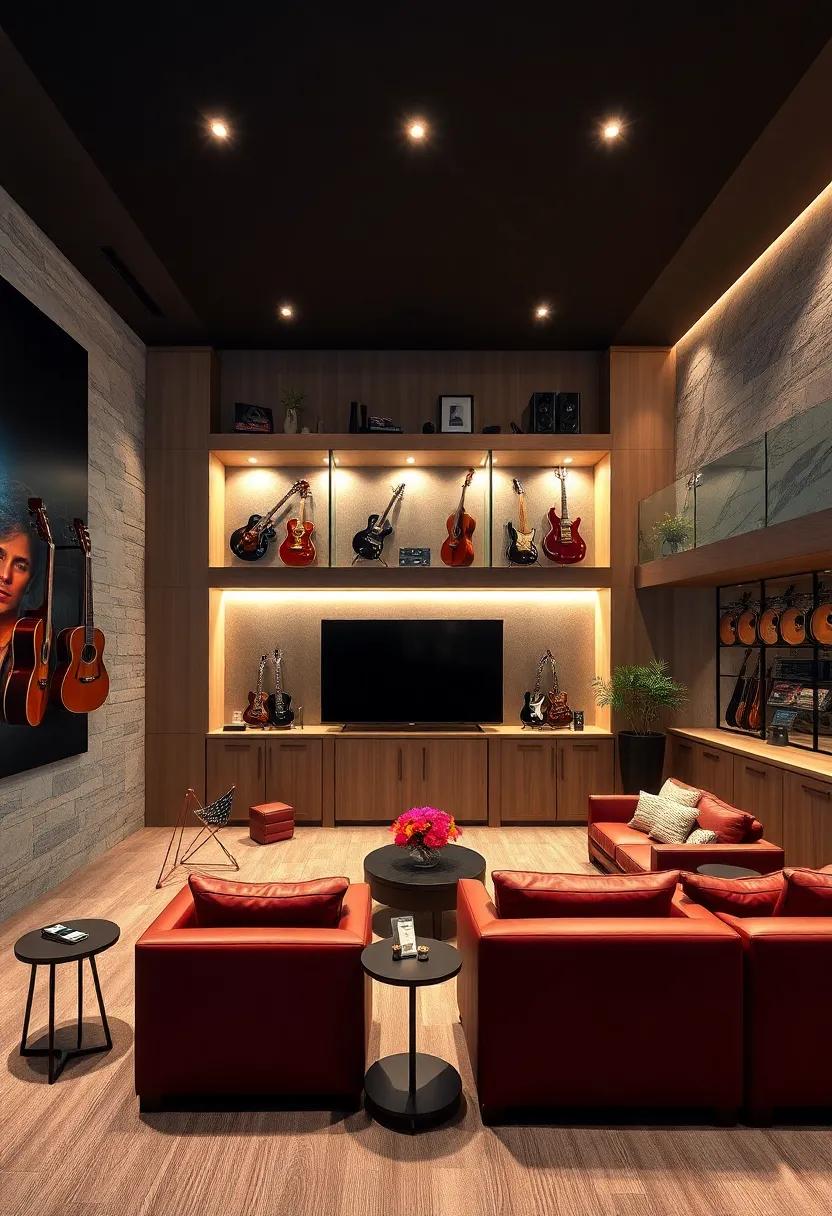 A symphonic home theater designed with tiered custom cabinetry that showcases musical instruments and memorabilia, creating a harmonious space where sound and vision come alive