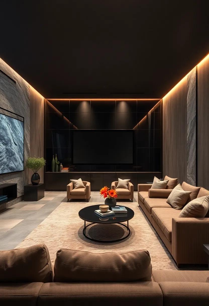 An ultra-modern cinema room designed with high-gloss cabinetry for a striking contrast against the dark, moody color palette, cleverly concealing all wiring and tech for a clean aesthetic