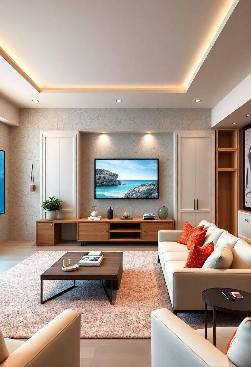 A beach-inspired home theater with white-washed cabinetry that reflects the sun and sea vibes, combined with soft, sandy colors and comfortable, light seating for a relaxed viewing environment