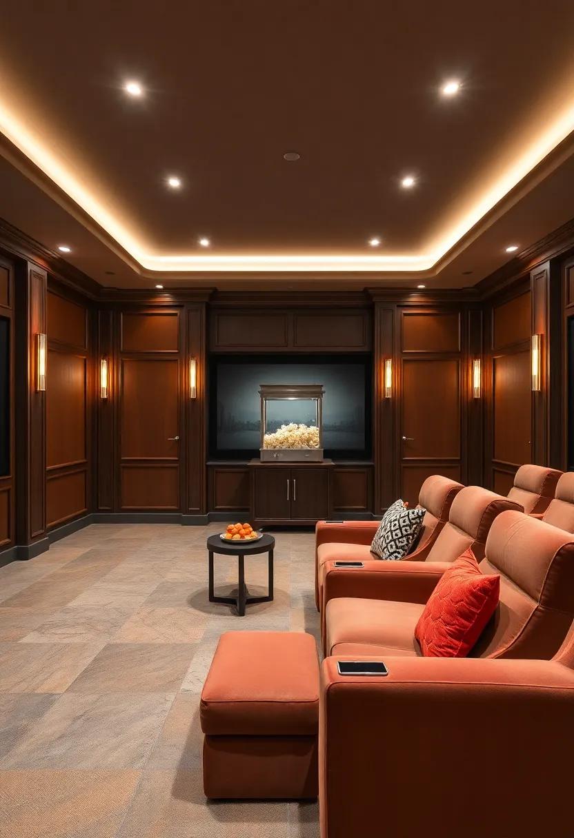 A luxurious home theater inspired by a vintage cinema,complete with velvet upholstered seats and classic-style cabinetry,housing an antique popcorn machine for a nostalgic movie night ambiance