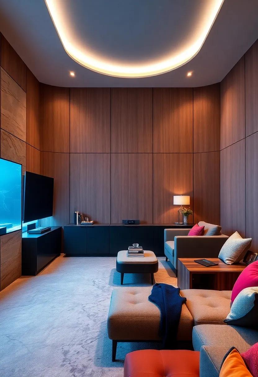 A tech-savvy theater room featuring futuristic cabinetry integrated with smart home systems for easy control of lighting and sound, seamlessly blending functionality with fashion