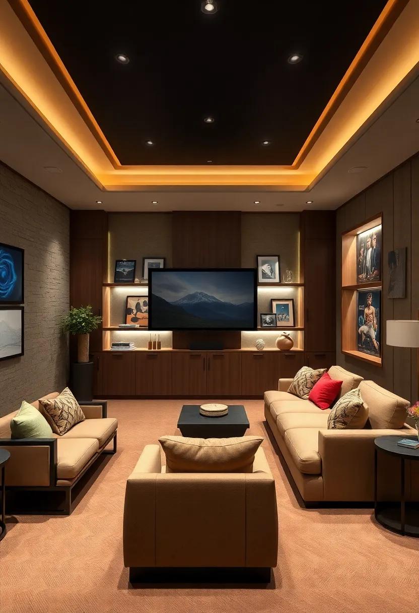 A stylish home theater with custom cabinetry that features backlit shelves to display art pieces, enhancing the dual purpose of the space as both a screening room and a gallery