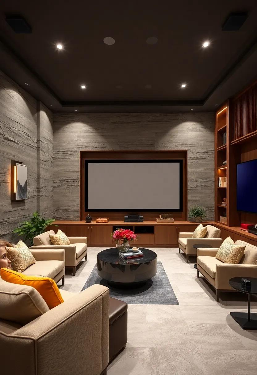 A sophisticated, high-end theater with sophisticated black lacquer cabinetry, which enhances the room's acoustics while providing a touch of modern elegance and sophistication
