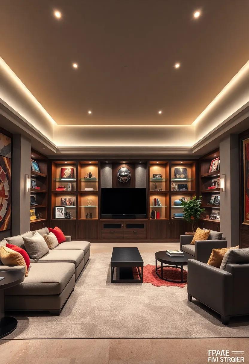 An elegant, understated theater room utilizing gallery-style cabinetry to showcase championship awards, art collections, or rare memorabilia, merging personal interests with luxury viewing