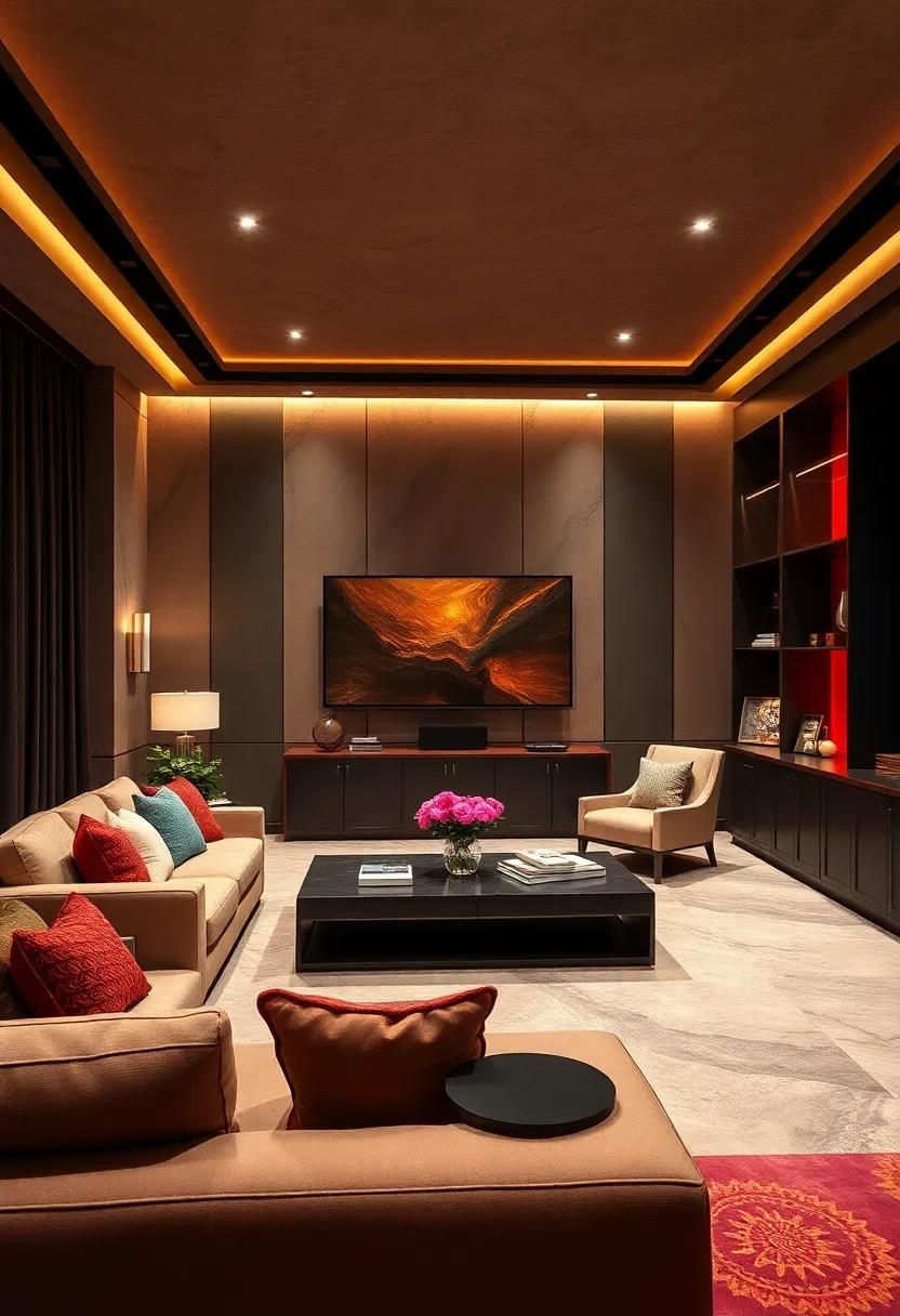 A regal home theater with custom cabinetry finished in deep, jewel tones, exuding luxury and flamboyance while boasting discreet compartments for all media accessories