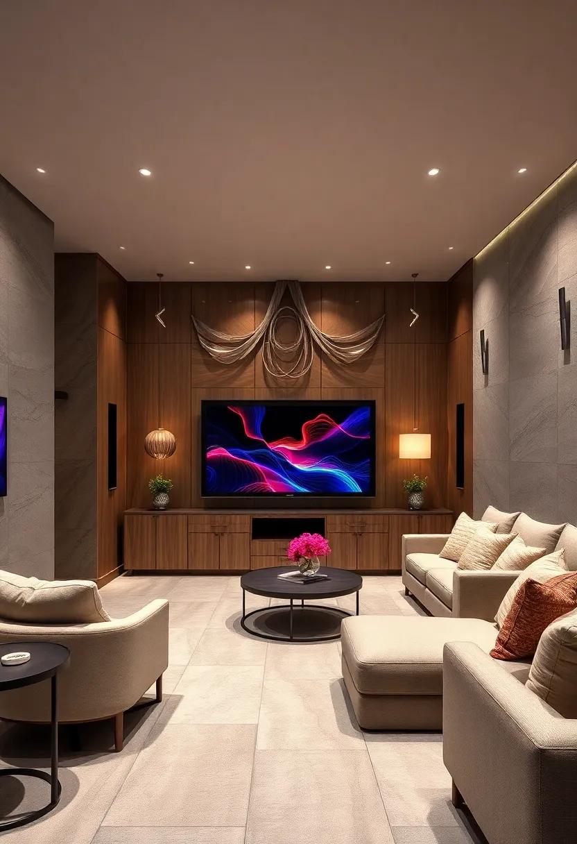 A luxury home theater featuring cabinetry finished in metallic textures, lending a modern edge while creating a visually captivating space that complements cutting-edge technology