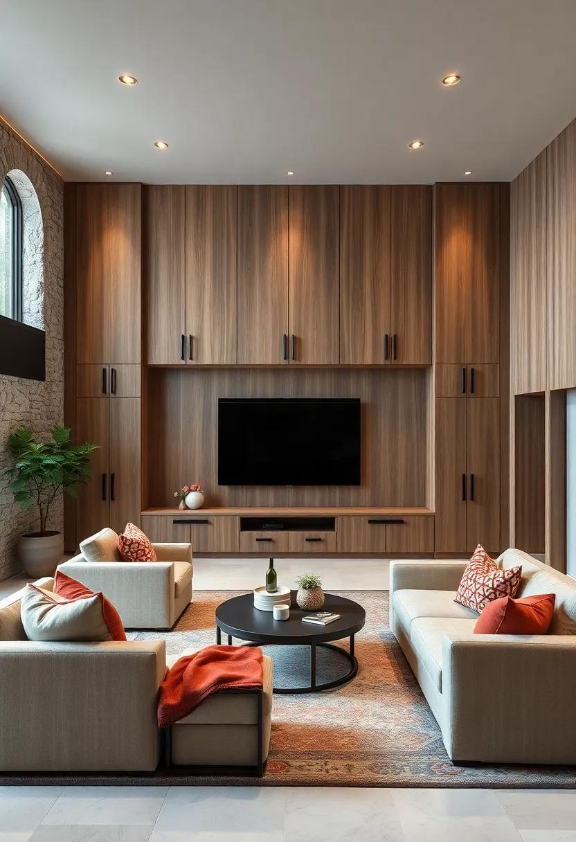 An earthy, natural-themed home theater showcasing cabinetry made from sustainably sourced materials, paired with soft fabrics and organic accents for a tranquil viewing spot
