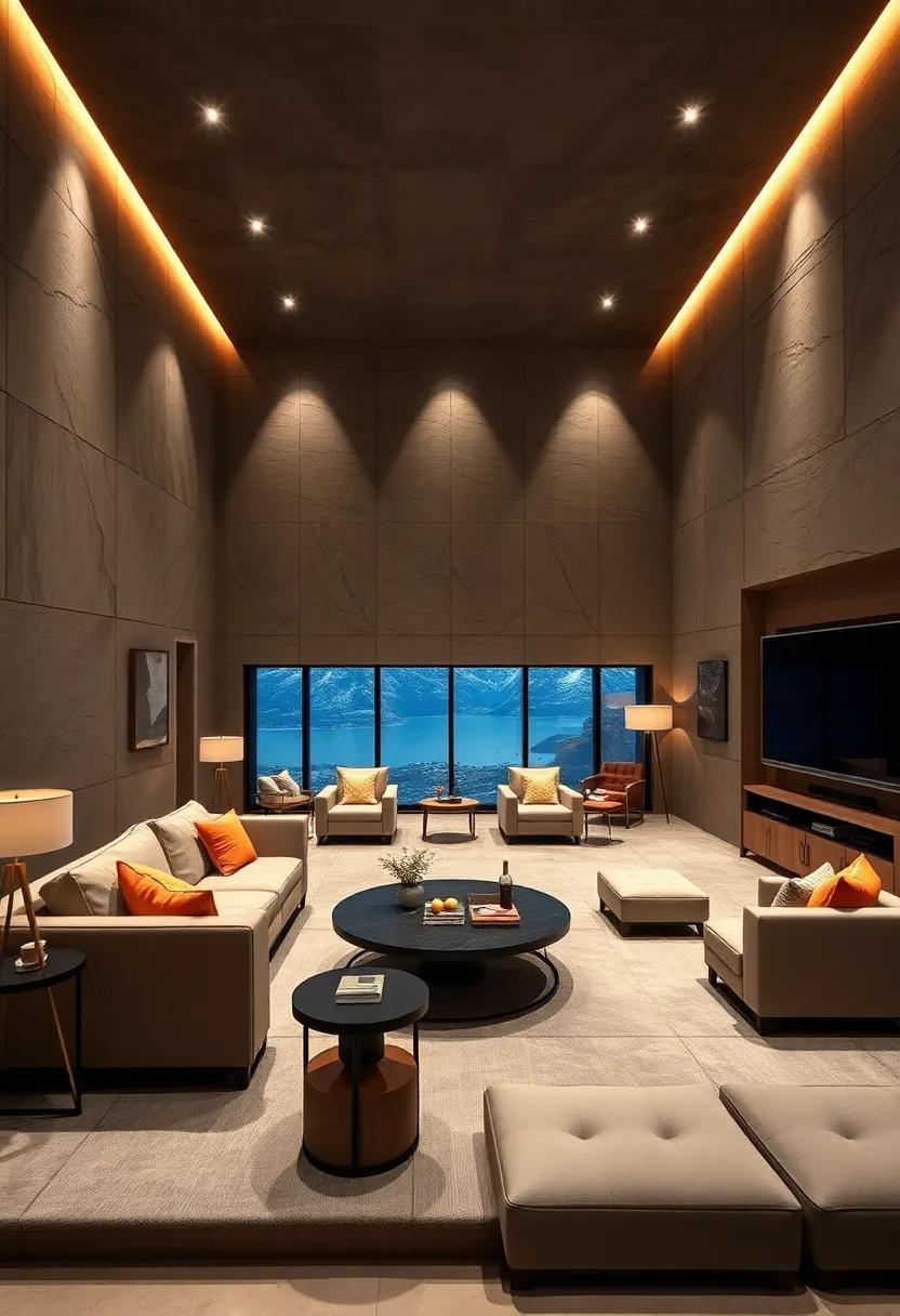 A luxurious high-rise home theater where floor-to-ceiling decorative cabinetry pairs with panoramic views, creating a stunning backdrop that elevates the entire cinematic experience