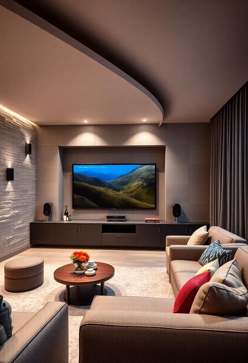 A chic home cinema with cabinetry designed to accommodate a retractable screen and hideaway speakers, allowing for a clean, minimalist look when not in use