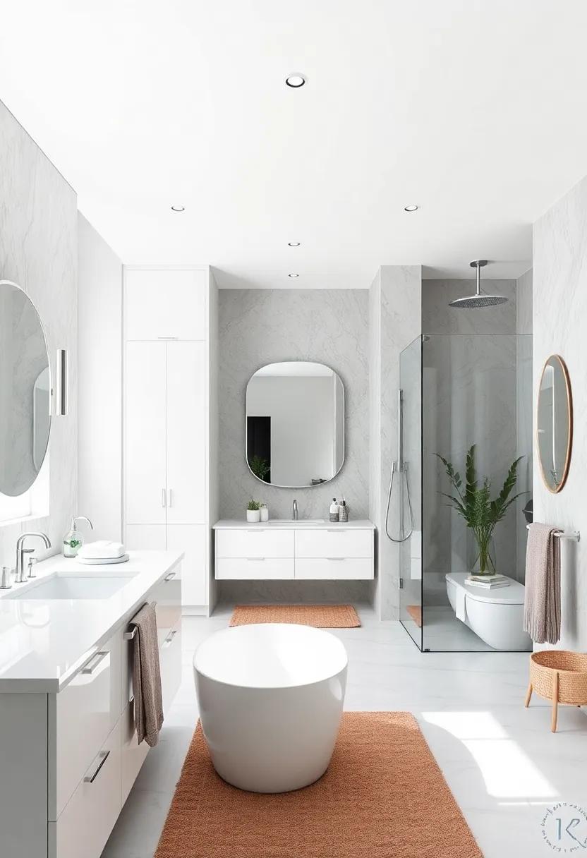 Serene Minimalism: A spacious bathroom adorned with sleek white cabinetry and shimmering silver accents, creating a tranquil escape for relaxation