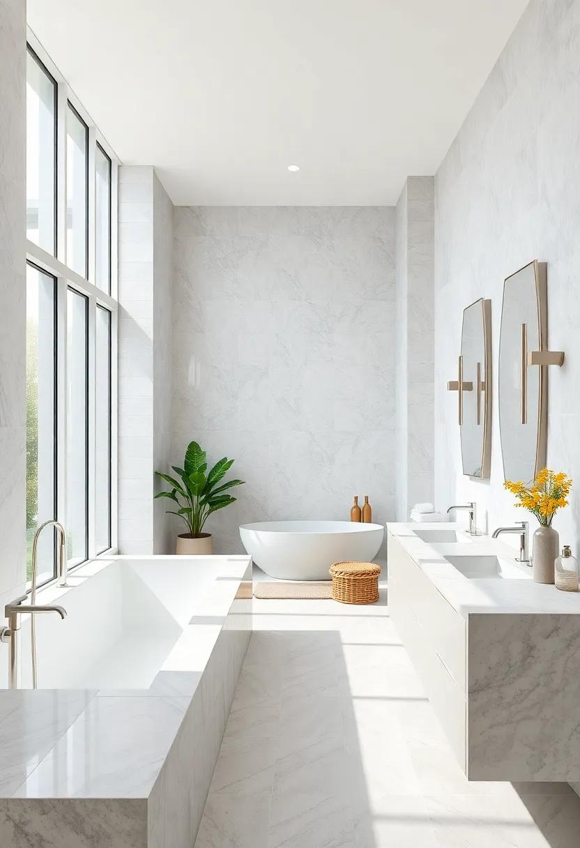 Bright and Airy: Large windows and a soft white palette reflect natural light, accented with silver faucets and accessories for a refreshing ambiance