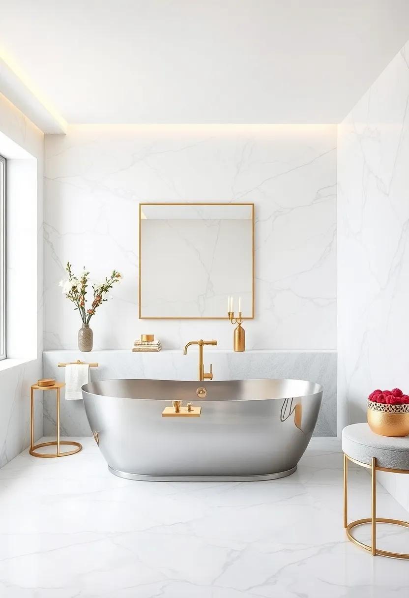 glamorous Elegance: Featuring a freestanding silver soaking tub, this design combines classic white marble and golden fixtures for a touch of opulence