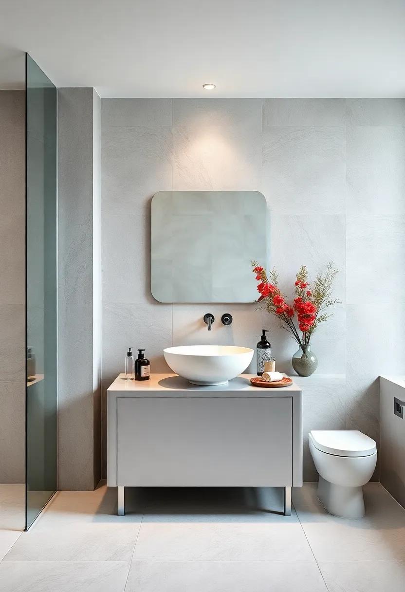 Contemporary Sophistication: A sleek, white vessel sink set atop a silver vanity brings a modern flair that elevates the typical bathroom aesthetic
