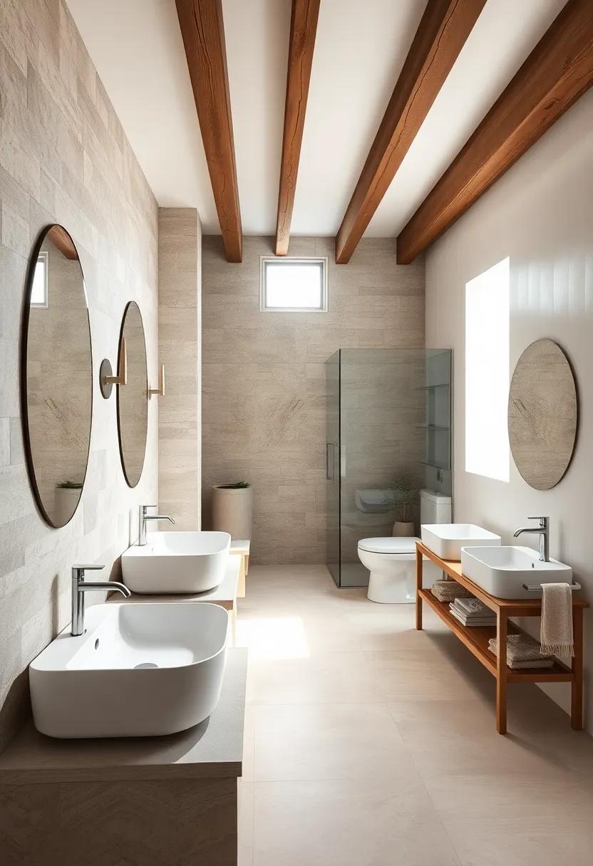 Rustic Retreat: Charming wooden beams complement white wash basin sinks and silver hardware, merging nature with luxury