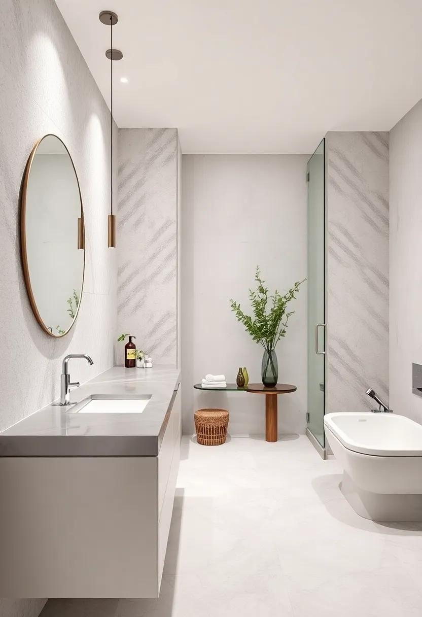 Industrial Luxe: Blending raw materials with elegance, this bathroom features a silver-topped vanity against white textured walls for an urban retreat