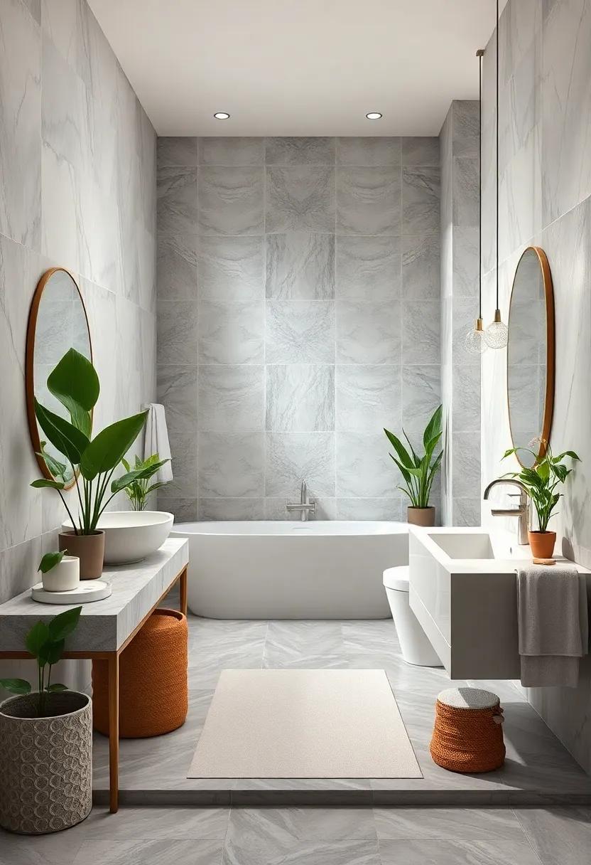 nature’s Touch: Incorporating indoor plants alongside white and silver palettes creates refreshing vibrancy in the bath