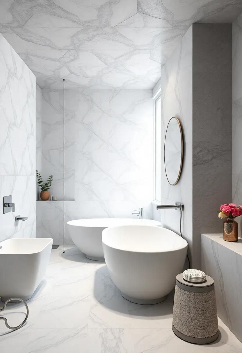 Textured Elegance: White tiles with intricate patterns contrasted by smooth silver finishes add complexity to a luxurious bathroom design