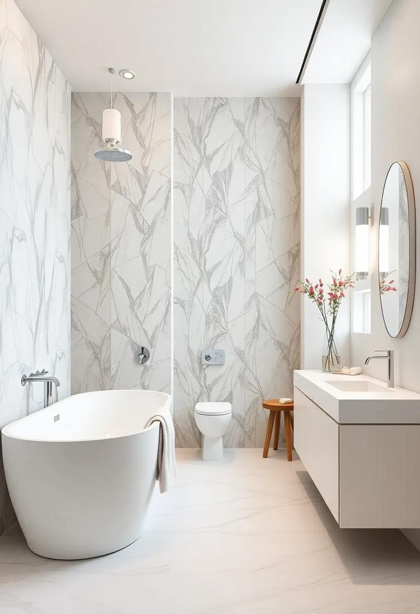 Art-Deco Delight: This design incorporates bold silver geometric designs with creamy white finishes for a striking period-inspired bathroom