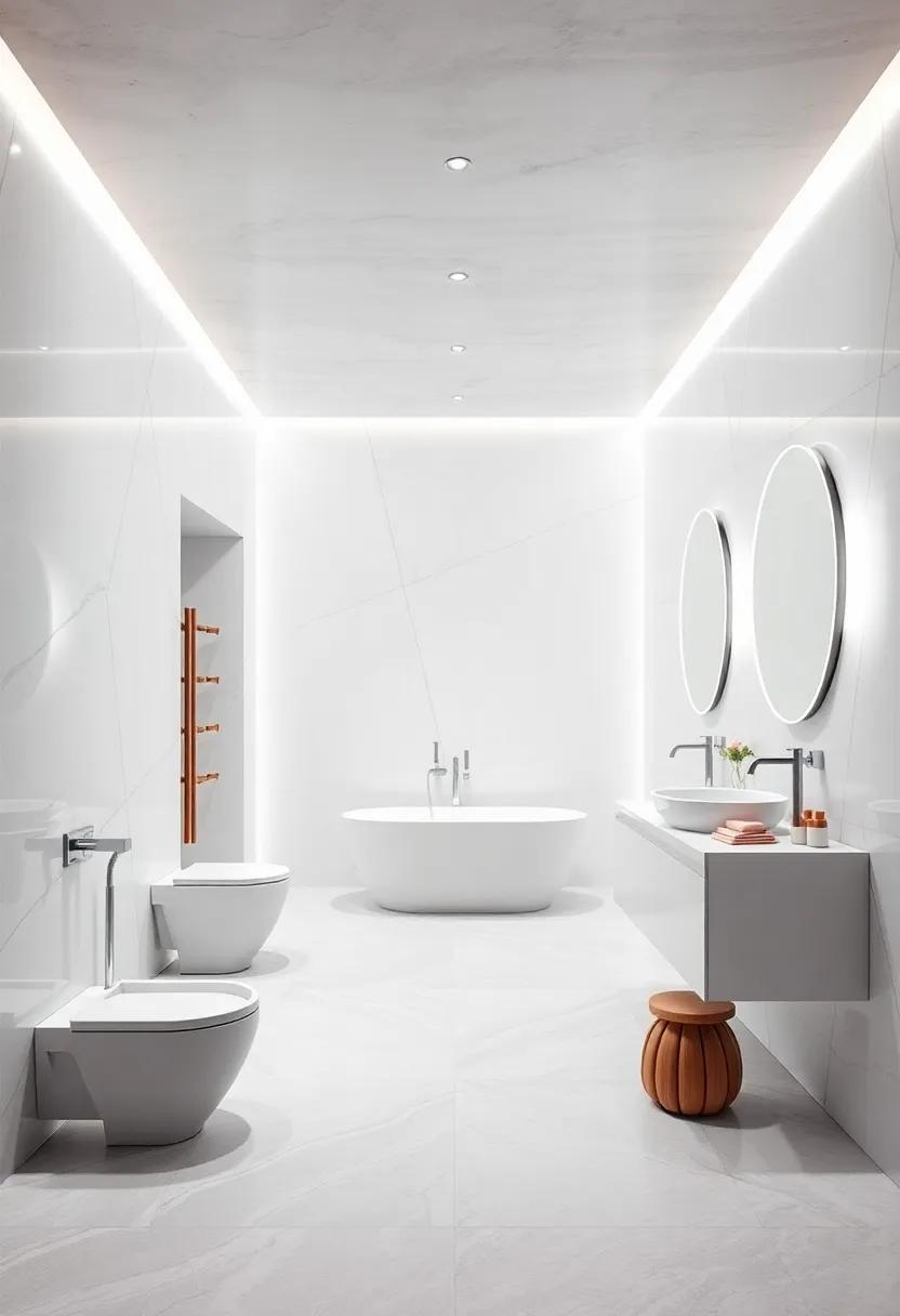Futuristic flair: Innovative technology meets luxurious design with lighted silver fixtures and a pristine white backdrop for a visionary bathroom