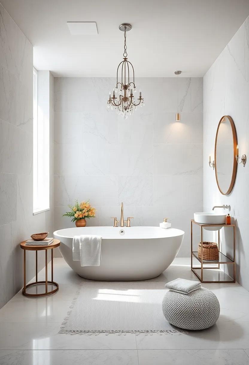 Layered Luxury: Multiple textures with white linens and silver metallic highlights create warmth and depth in an ultra-luxurious bath setting