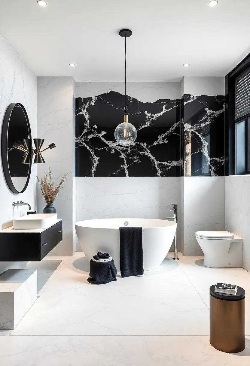 High-Contrast Glam: Striking black accents against a base of white and silver create dramatic yet luxurious vibes perfect for a statement bathroom