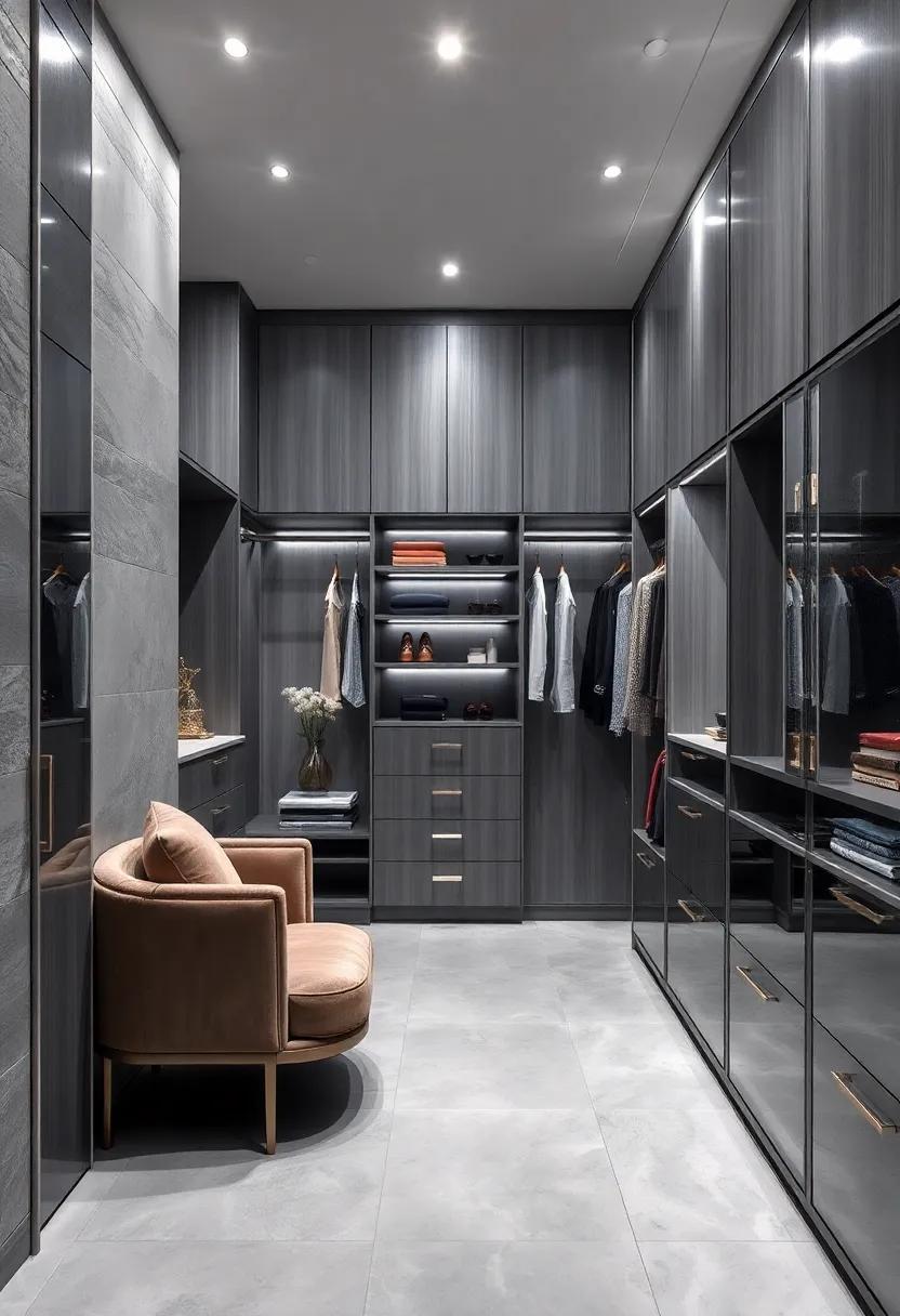 Glamorous Metallic Accents: Embrace the‍ elegance of a gray walk-in closet adorned ​with shimmering silver fixtures that elevate⁢ the entire ​space