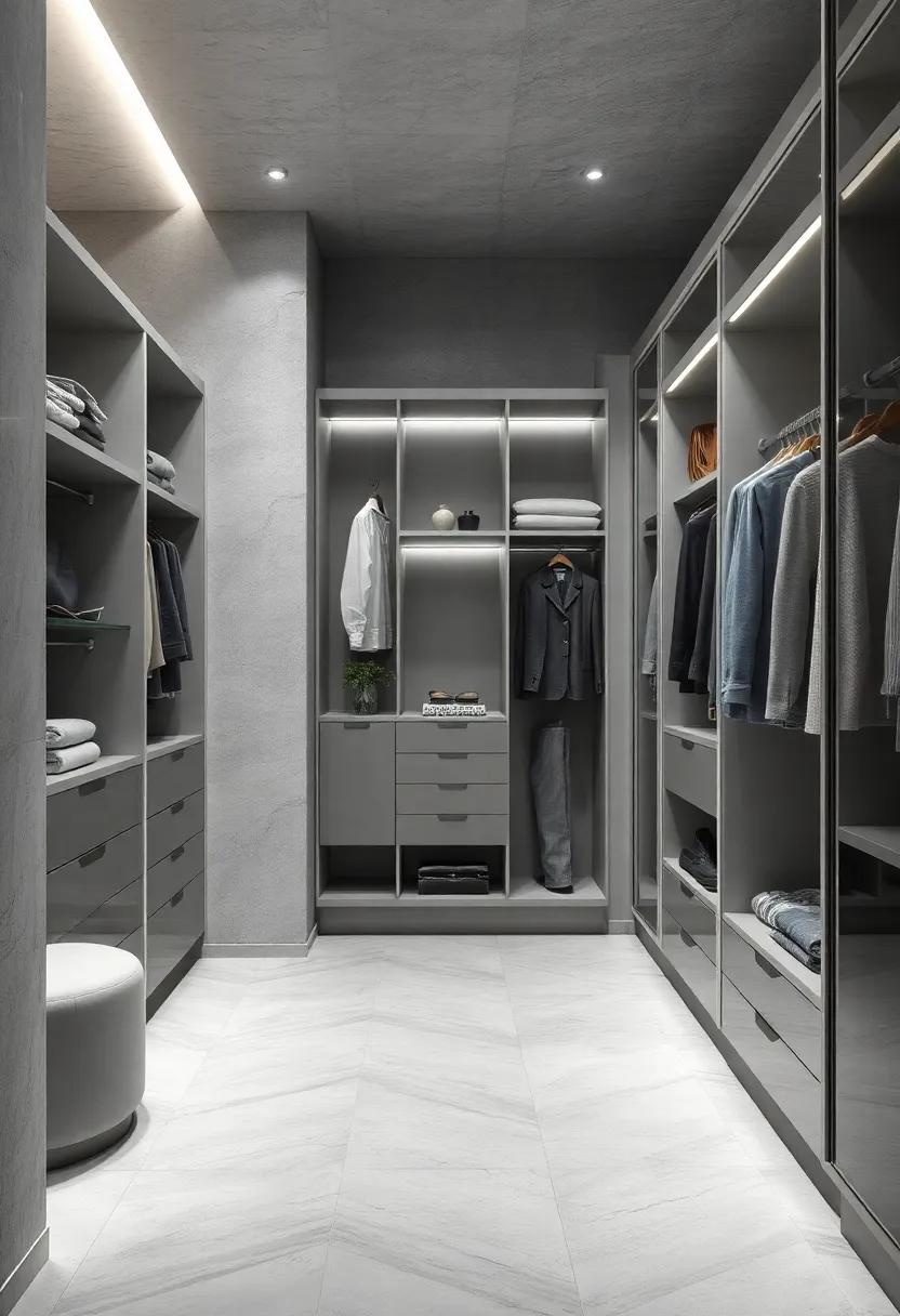 Color-coordinated Organization:⁣ Organize your wardrobe by color scheme, predominantly featuring varying shades of gray and silver for a visually stunning effect