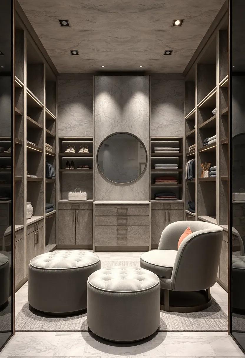 Luxurious Velvet Upholstery:‍ Explore the sophistication of velvet-covered ottomans ‌and chairs in soft gray hues, perfect ‌for moments of relaxation while dressing