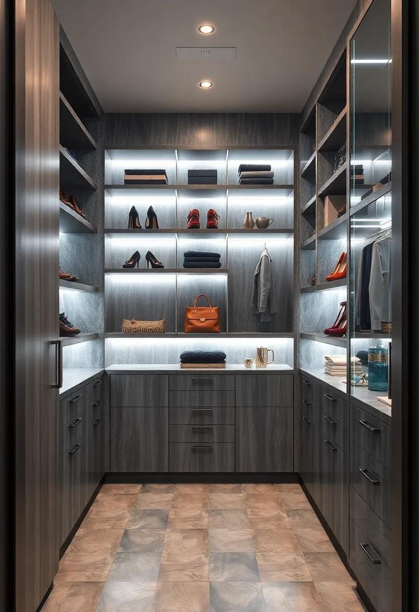 Ambient LED Strips: Incorporate soft LED lighting under shelves to accentuate your beautiful shoes and accessories while enhancing the⁣ ambiance of ⁤your​ gray closet