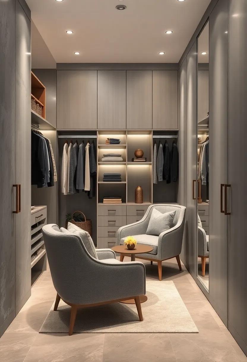 Serene Seating areas: Designate a cozy corner with an elegant gray chair and a small side table, offering a tranquil space to unwind ‌amidst your ⁣wardrobe collection