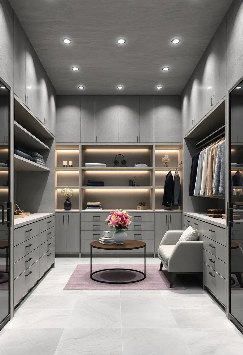 Sleek Minimalism:⁢ Discover a walk-in closet designed with clean lines and a minimalist approach, showcasing how less can truly ‍be more in an ​elegant gray‍ environment