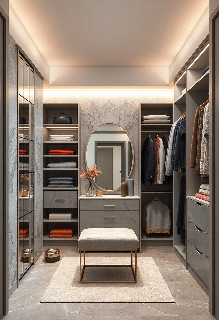 Multifunctional Furniture: Discover innovative furniture pieces, such as a dressing table that doubles as storage, beautifully designed to fit within a silver and gray theme