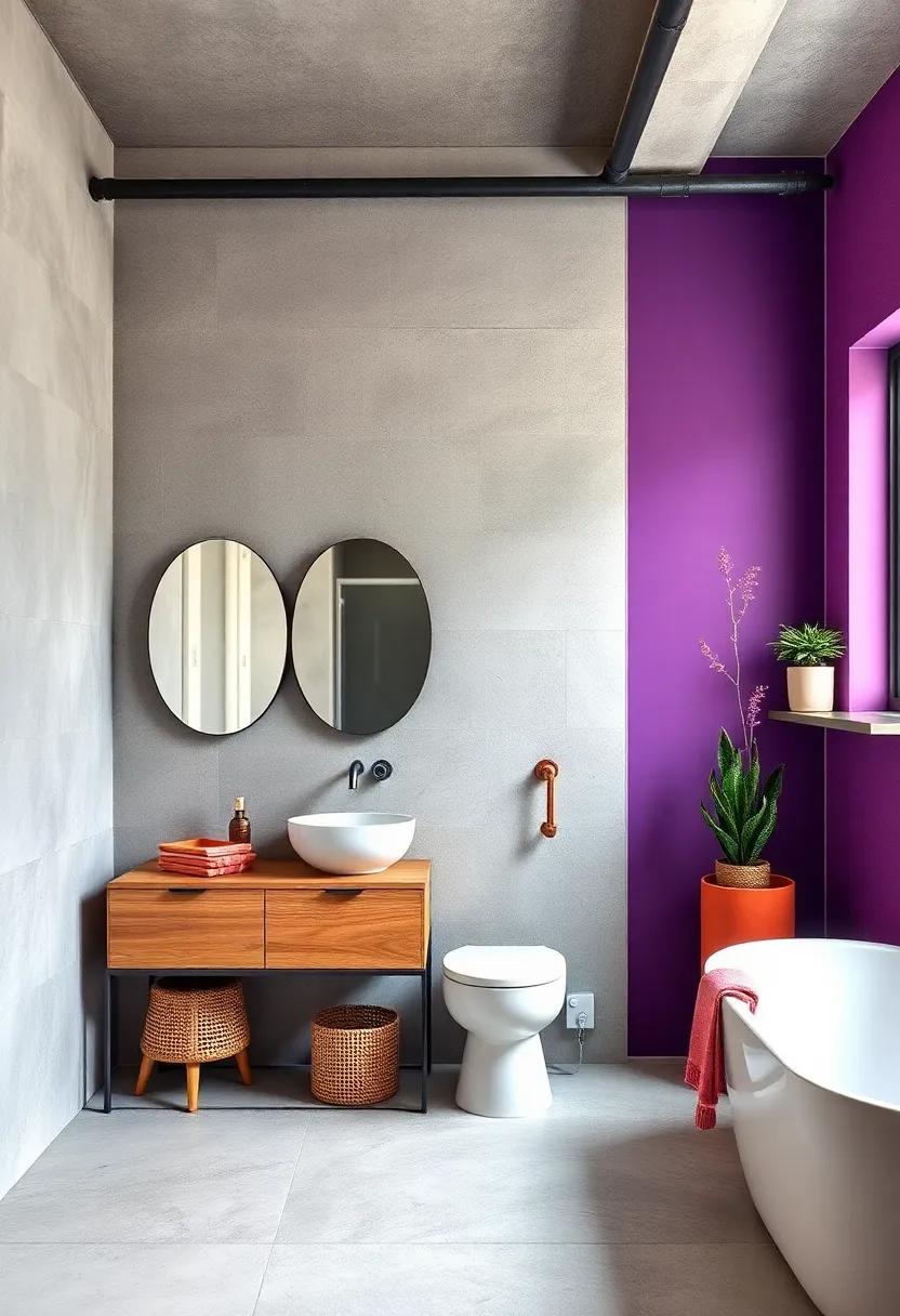 Infuse⁣ color ⁤into your space: vivid ​hues‍ paired with industrial‍ pipe shelving transform a standard bathroom into a ‍vibrant oasis