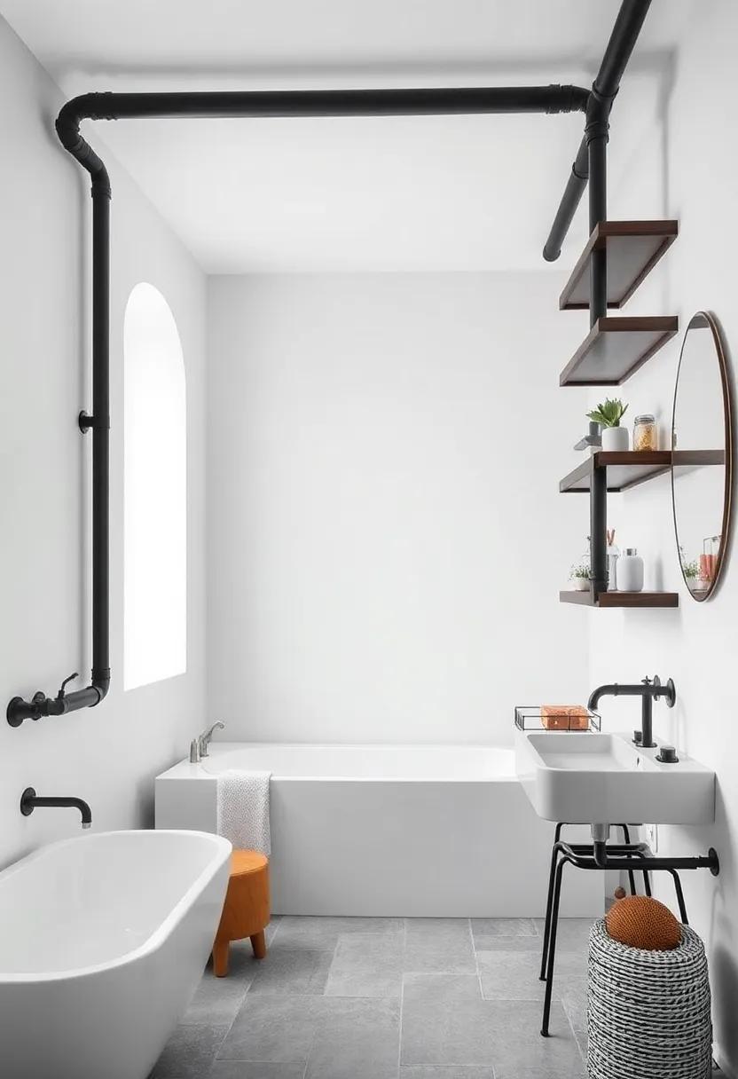 Monochromatic‍ magic: find inspiration in⁤ bathrooms where ‍sleek black pipe⁢ shelving contrasts ⁤beautifully with pristine white walls for a modern twist