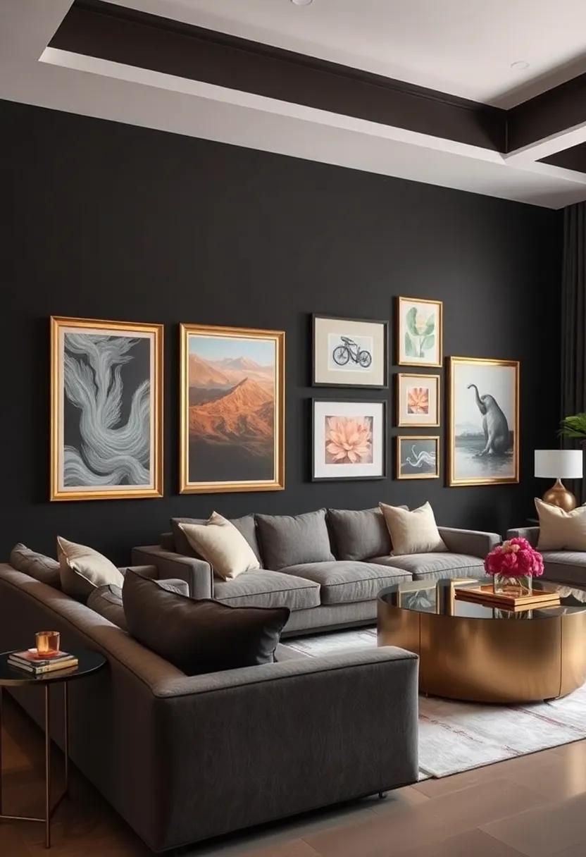 Create a gallery wall with​ bright metallic ⁢frames that pop against ⁤a backdrop of deep hues, showcasing your ​art collection beautifully