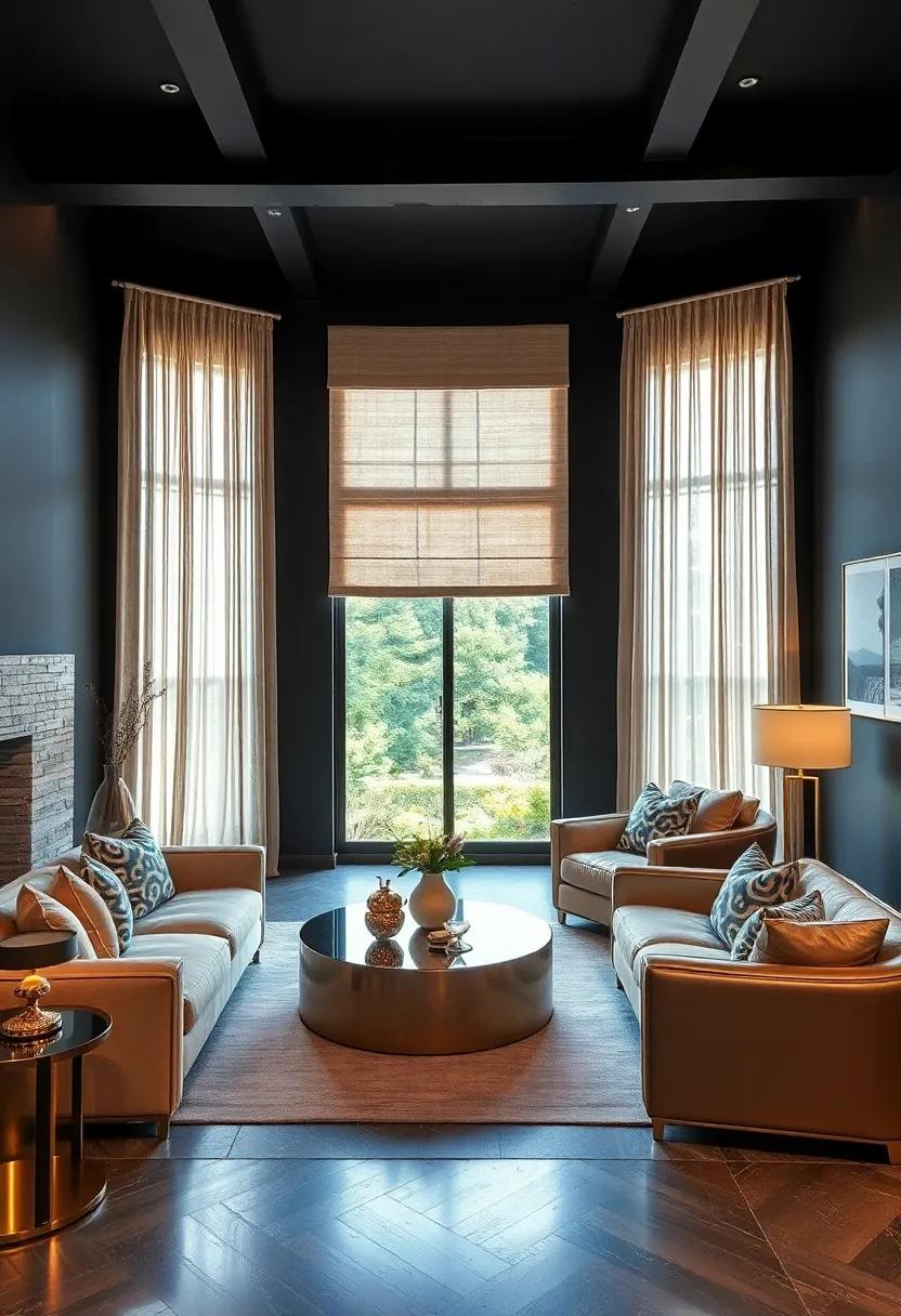 Utilize metallic window⁣ treatments to reflect light and maintain ⁤a⁢ luxurious feel without overwhelming ⁤dark⁣ statements