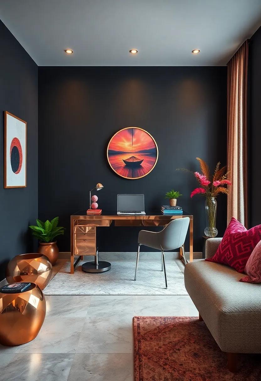 Pair ⁢a vibrant metallic desk with dark ‌walls for a home office⁢ that ⁣inspires creativity and productivity