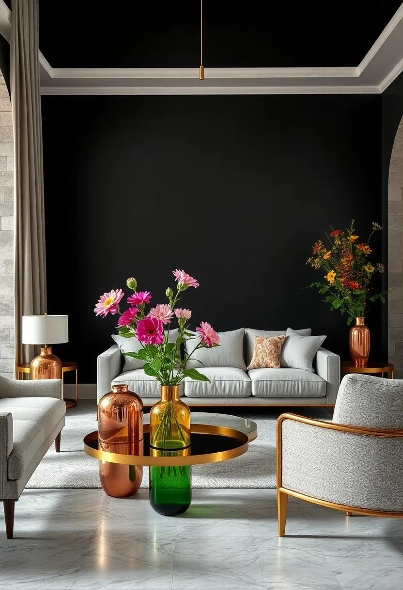 Use colorful metallic vases⁤ filled with fresh flowers ​to bring life and vibrancy⁣ against⁣ darker decor