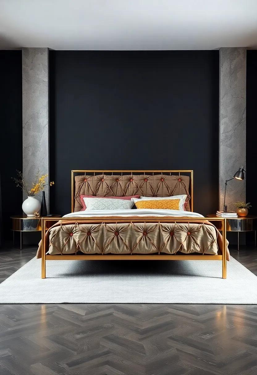 Use a ‍bold metallic⁣ bed ⁢frame as a striking centerpiece in a dark bedroom⁤ for a luxurious focal point