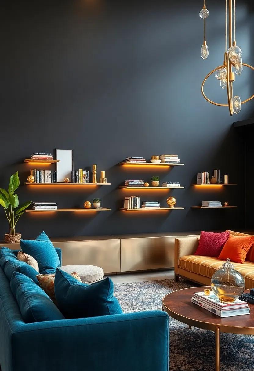 Introduce a series of metallic ​shelves mounted on dark walls⁣ to showcase​ books and decorative items in style