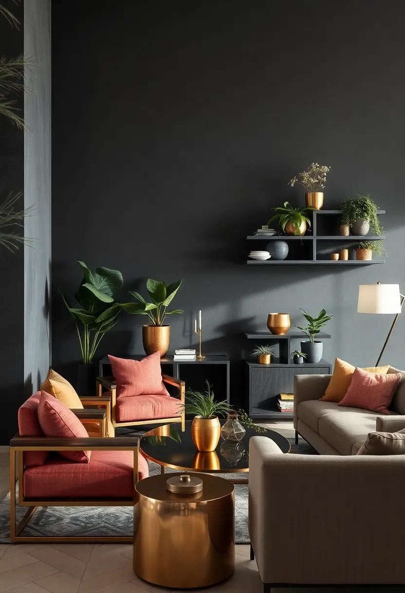 Arrange plants in metallic pots on dark shelves to introduce natural elements paired​ with a polished ⁤edge